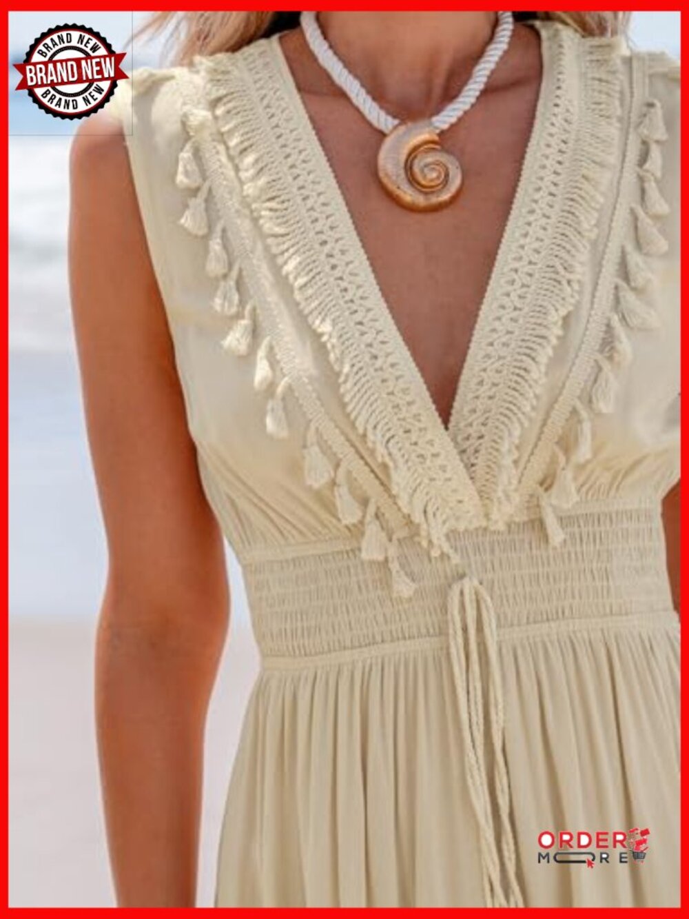 V-Neck Sleeveless Maxi Dress with Lace Tassel Smocked Waist - Picture 6 of 7